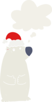 cartoon bear wearing christmas hat with thought bubble in retro style png