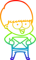 rainbow gradient line drawing of a happy cartoon boy with present png