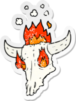 distressed sticker of a spooky flaming animals skull cartoon png