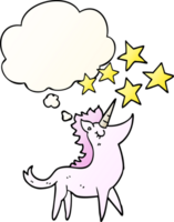 dibujos animados unicornio con pensamiento burbuja en suave degradado estilo png