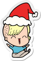 hand drawn sticker cartoon of a happy hipster girl wearing santa hat png