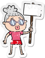 distressed sticker of a cartoon protester woman wearing spectacles png