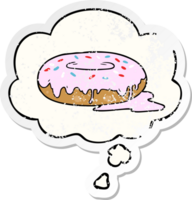 dibujos animados rosquilla con pensamiento burbuja como un afligido desgastado pegatina png