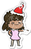 mano dibujado afligido pegatina dibujos animados de un mujer vistiendo Papa Noel sombrero png