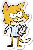 distressed sticker of a cartoon grinning fox with clipboard png