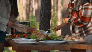 Mother and adult daughter serving outdoors wooden table. Stock footage. Having bbq with family in summer forest. video