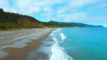 topo Visão do lindo costa com turquesa água. grampo. surpreendente litoral panorama com turquesa água e verde floresta. paraíso Lugar, colocar em costa do mar com floresta montanhas video