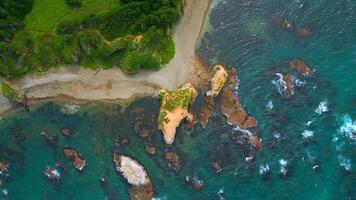 Top view of coast with rocks in water and forest. Clip. Amazing nature of coast with beautiful rocks and clear water. Wild coast with rocks in turquoise water and green forest on sunny day video