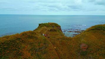 topo Visão do lindo marinha com turistas em Rocha. grampo. inspirador aproximação para Beira do rochoso costa. lindo Visão do turistas em penhasco negligenciar mar horizonte video