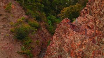 Top view of rocky ridge with forest gorge. CLip. Amazing nature with rocky slopes of green gorge. Cinematic rocks with green trees in gorge video