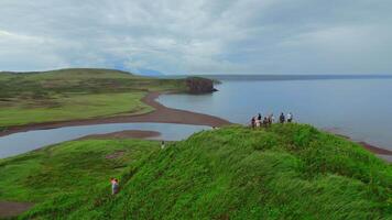 Concept of tourism, group of people on the hill top. Clip. Aerial view of green grass and the sea shore. video