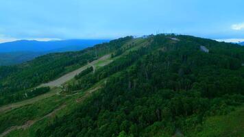 Aerial view of cable cars in mountains. Clip. Travel and outdoor activities, hills, coniferous trees and blue sky. video