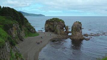 People on shore with rocks and arch. Clip. Group of people walks on northern coast of sea with rocky arches. Top view of people walking on rocky shore video