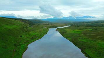 Flying above river and green valley as a backdrop. Clip. Aerial view of summer green meadow and long narrow river. video