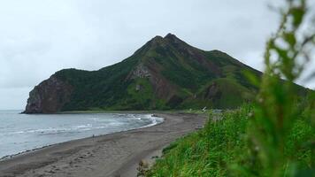 View of beautiful beach with green grass and mountain. Clip. Picturesque landscape with green grass on background of sea coast with mountain. Coast of sea with sand and rocky mountain on cloudy day video