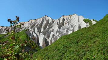 sorprendente bianca montagne con verde erba. clip. bellissimo modelli su roccioso bianca montagna con luminosa verdura su soleggiato estate giorno. bianca rocce di vulcanico origine su isola su estate giorno video