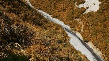 vue de magnifique vallée avec rivière et herbe par blanc rochers. agrafe. étroit chemin sur raide pente avec rivière à pied de blanc rochers. magnifique paysage avec épais herbe et rochers avec blanc motifs sur video