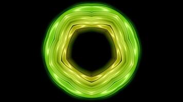 Glowing neon pulsating floral shape with dark hole in the middle on a black background. Animation. Colorful neon dance of circular shape. video