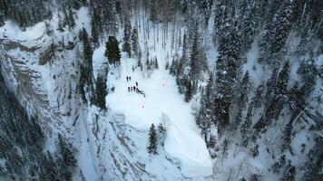 Winter mountain cliff covered by snow, ice, and fur trees. Clip. Stunning frozen winter nature, aerial view of tourists enjoying the day on the cliff edge. video