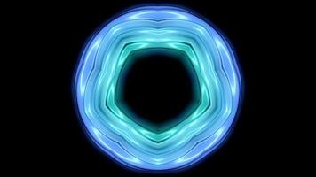 Glowing neon pulsating floral shape with dark hole in the middle on a black background. Animation. Colorful neon dance of circular shape. video