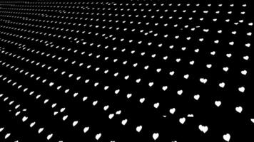 Straight diagonal rows of white small hearts on a black background. Animation. Endless field of hearts, monochrome. video