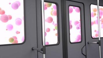 surreale animazione di palloncini volante dietro a finestre di pubblico trasporto. design. Visualizza a partire dal il autobus su finestre con molti rosa aria palloncini. video