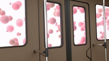 Surreal animation of balloons flying behind windows of public transport. Design. View from the bus on windows with many pink air balloons. video