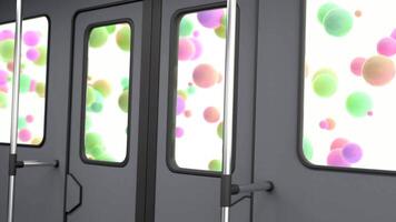 Bunch of colorful balloons rising up on white background behind the windows of a bus or tram. Design. Concept of childhood and fantasy. video