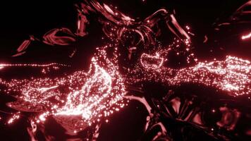 Abstract background with moving flickering particles. Design. Red bended tubes with duat glowing particles. video