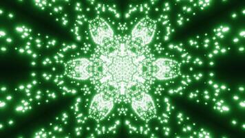 Floral kaleidoscopic shape absorbing tiny glowing particles. Design. Pulsating symmetrical figure and flying dots. video