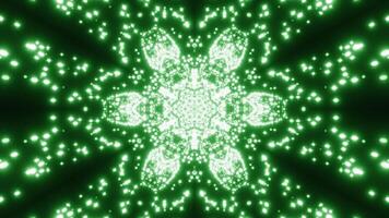 Floral kaleidoscopic shape absorbing tiny glowing particles. Design. Pulsating symmetrical figure and flying dots. video