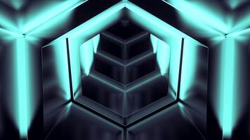 Exiting cyber tunnel. Design. Hexagonal 3D tunnel with neon lines and metal surface. Reverse movement in cyber tunnel video