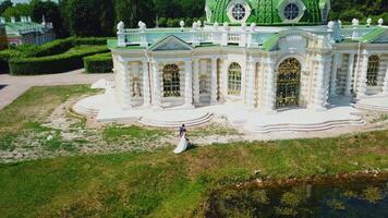 jeunes mariés en marchant dans parc avec historique bâtiments. créatif. Haut vue de fabuleux marcher de jeunes mariés dans biens sur été journée. magnifique territoire de vieux biens avec jardin video