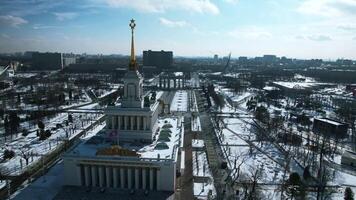 Top view of large square with historical architecture in winter. Creative. Historic square with alleys and Soviet architecture in city center. Winter landscape with Soviet architecture on background video