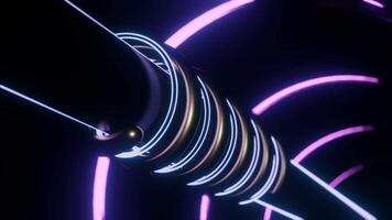 Glowing lines rotate around pipe. Design. Metal tube with moving spirals of neon and metal tubes. Mechanical part with moving parts and rotating neon tubes video