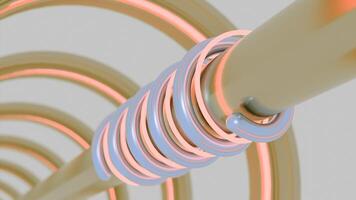 Tunnel with metal pipe and moving spirals. Design. Metal pipe into tunnel with rotating neon lines. Neon and metal lines move in spirals on pipe in tunnel video