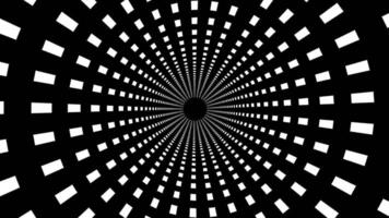 Seamless footage with rotating dashed hypnotic spiral. Loop animated background sequence with rotating circle segments. Black and white tunnel motion graphic video