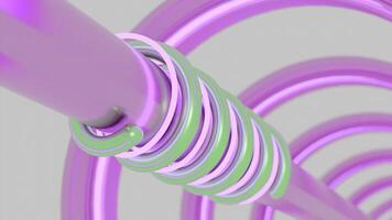 Tunnel with metal pipe and moving spirals. Design. Metal pipe into tunnel with rotating neon lines. Neon and metal lines move in spirals on pipe in tunnel video