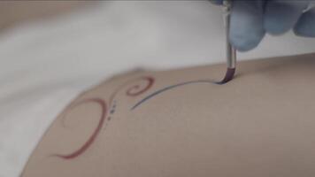 alcanna tatuaggio. disegna un' temporaneo tatuaggio su un' donna di gamba. avvicinamento di un artista mano disegno temporaneo tatuaggio su qualcuno gamba video