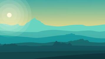 Animation landscape with mountains, hills, sky and a sun. Animation of a beautiful silhouette landscape background, with mountains range, sky and sunset video