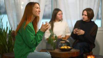Students talk and relax in cozy cafe. Media. Beautiful young woman is drinking tea on background of talking couple. Students relax and drink tea in college cafe video