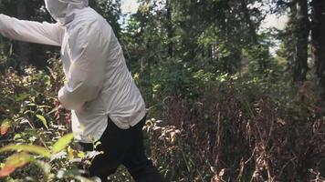 Rear view of young man in a hoodie sneaks through a large grass. Footage. A man sneaks through the grass with machete video