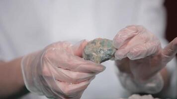 fêmea cientista concentrando em pedra dentro laboratório fechar acima. mãos jovem menina fazendo Ciência experimentar video