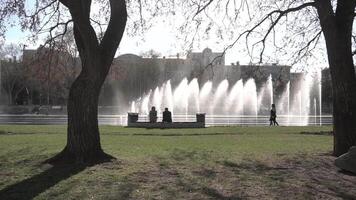 città Fontana. filmato. persone a piedi nel il parco. Fontana nel città parco su caldo estate giorno. ruscello di acqua, gocce e luminosa spruzzi di acqua nel bellissimo città Fontana video