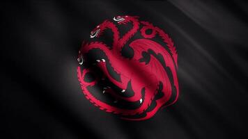 Abstract waving flag with a red three headed dragon on black background, seamless loop. Symbol of Targaryen family, Game of thrones concept. Editorial use only video