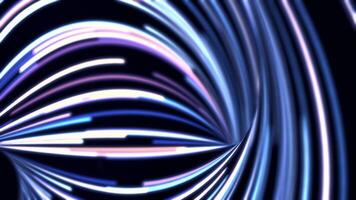 Abstract background animation of flowing blue, purple, white lines on black background. Beautiful abstract movement of narrow, neon lines, seamless loop. video
