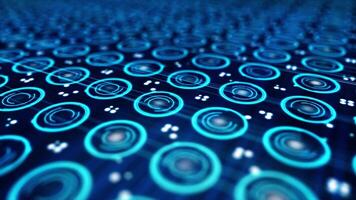 Texture with many small, digital spinning blue circles and moving dots on dark blue background. Close up for abstract electronic scheme with rotating neon circles. video