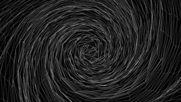 Abstract spiral tunnel spinning with narrow, neon, white lines in the form of triangles in the center, seamless loop. Endless funnel rotating on black background, monochrome. video