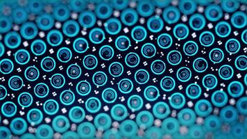 Texture with many small, digital spinning blue circles and moving dots on dark blue background. Close up for abstract electronic scheme with rotating neon circles. video