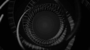 Animation of rotating, monochrome interwoven spirals on black background, seamless loop. Curved, black and white flashing wide lines flowing and spinning. video